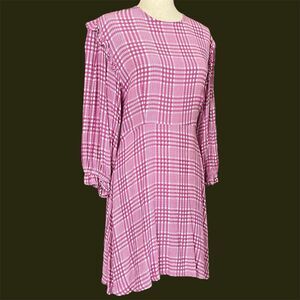 Faithfull The Brand Edwina Ruffled Dress 8 L Pink Puff Sleeve Djerra Plaid Check